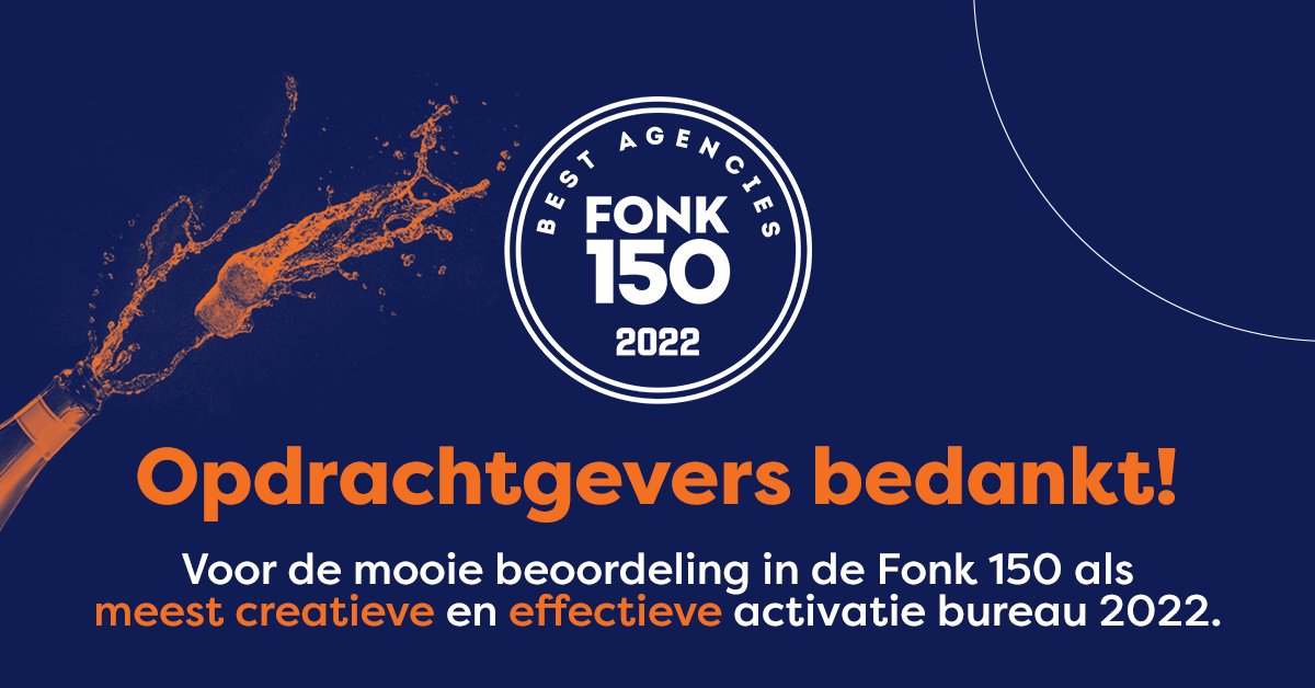 Vandaag is de FONK 150 bekend gemaakt. And guess what, voor algemene klanttevredenheid én de bureau kerncompetenties creativiteit en effectiviteit zijn we uitgeroepen als dé nummer 1 binnen de categorie activatie bureaus middelgroot.  

Check de uitslag 👇
bit.ly/3EW917V