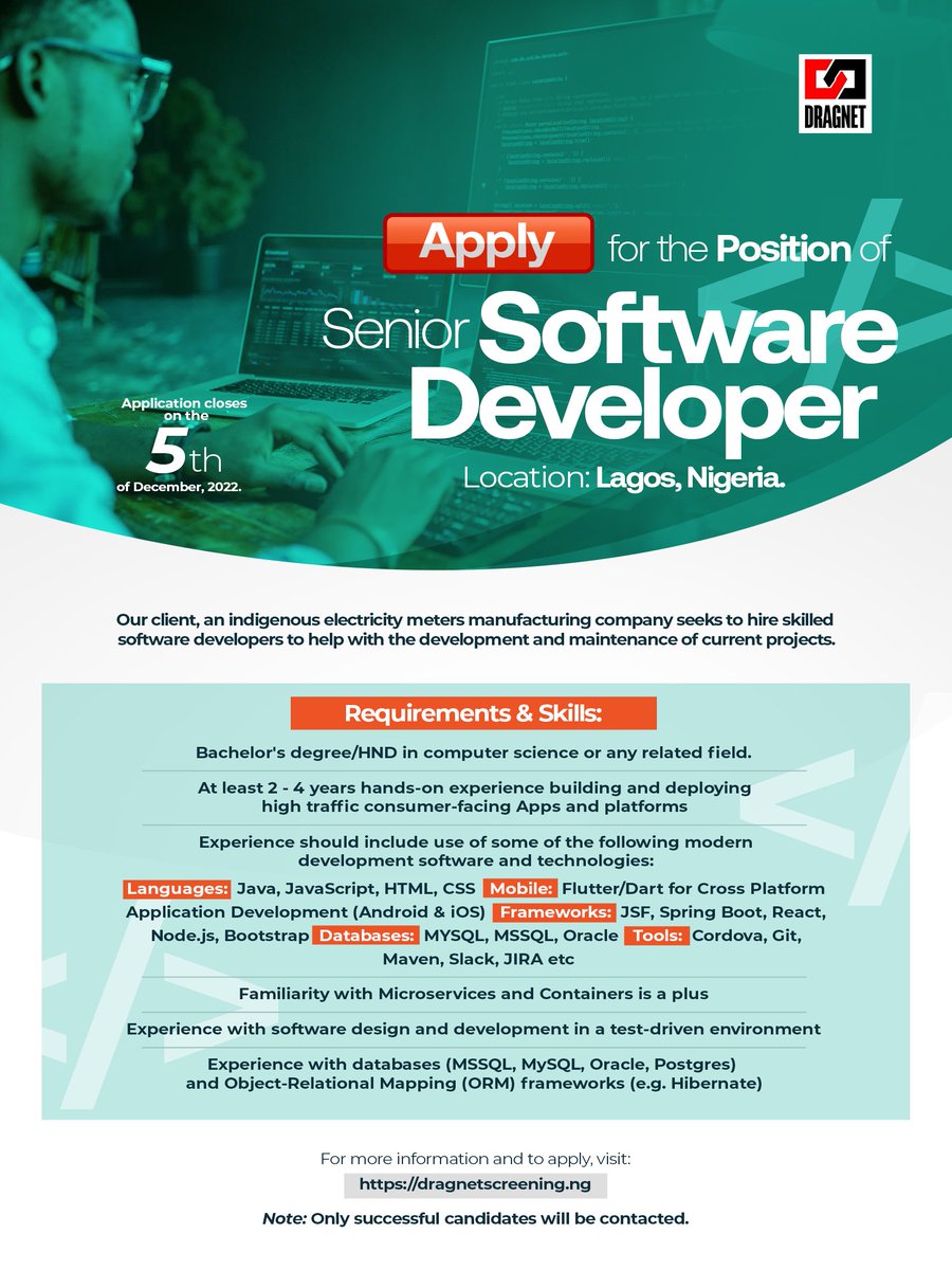 DragnetNigeria's tweet photo. VACANCIES!

Our client seeks to recruit for the following tech roles:

- Senior Software Developer
- Senior Database Administrator

RT and share with tech talents in your network.
.
#dragnetjobs
#dragnetsolutions
#JobVacancy https://t.co/kzSmMIqEZM