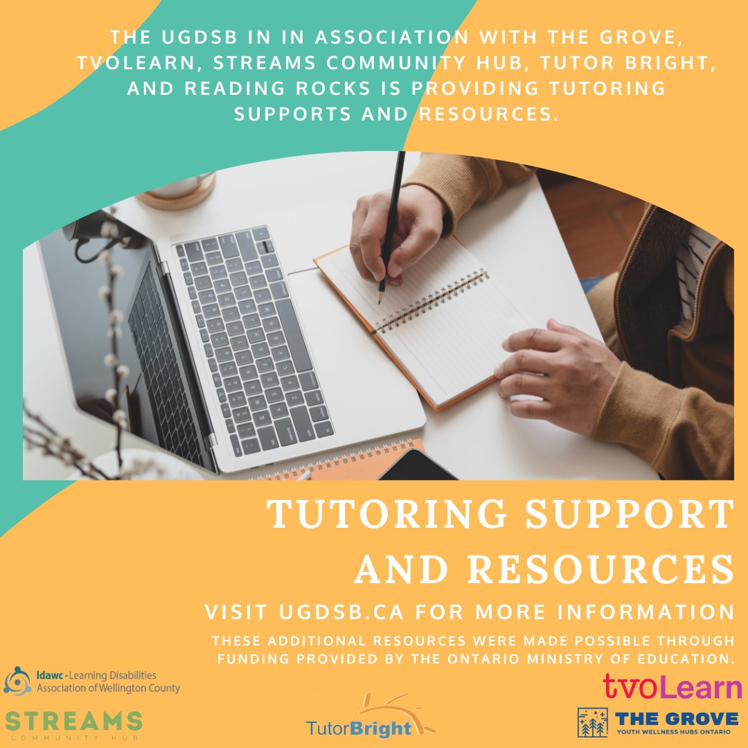 ugdsb's tweet photo. Just a reminder! The Grove, TVOLearn, Streams Community Hub, Tutor Bright, and Reading Rocks are providing tutoring support and resources for both secondary and elementary students. Read more here: https://t.co/sYMTDzbyc0. #UGInfo https://t.co/582yuEJCI0