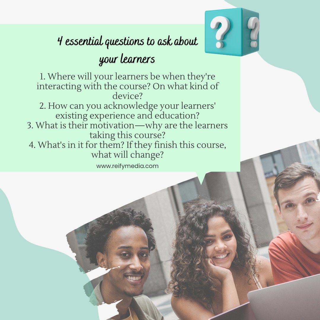 | 4 essential questions to ask about your learners |

The best way to create an effective #elearning environment is to build with your learners in mind.

#elearningtips #elearningcourse #onlinetraining #traininganddevelopment #learning #education #adultlearner