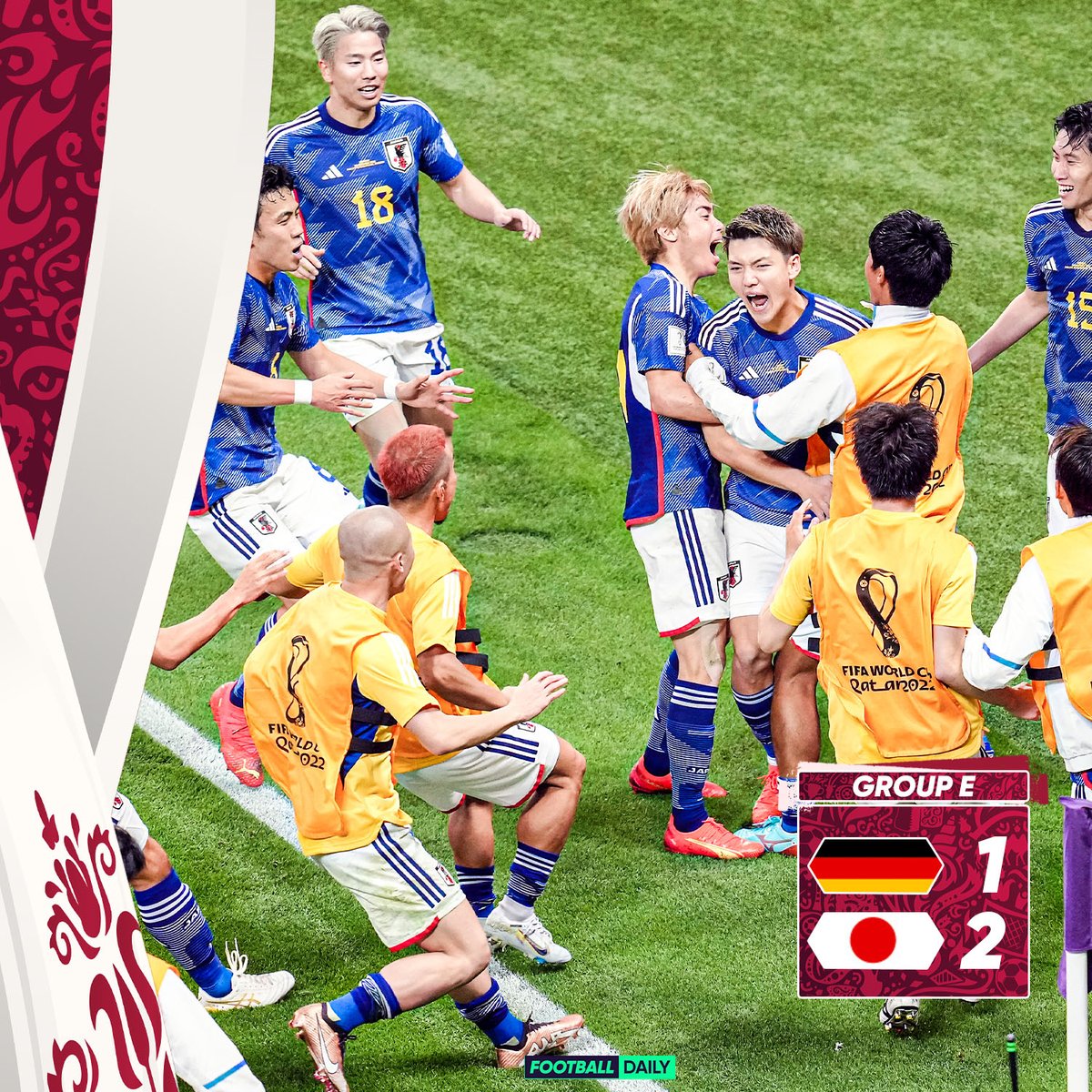 footballdaily's tweet photo. 𝐉𝐀𝐏𝐀𝐍 𝐁𝐄𝐀𝐓 𝐆𝐄𝐑𝐌𝐀𝐍𝐘 👏 

The Japanese come from behind to beat heavyweights Germany in their opening World Cup match. 

Incredible. 🤯

#GERJAP #FIFAWorldCup https://t.co/yUAMf2b7cc
