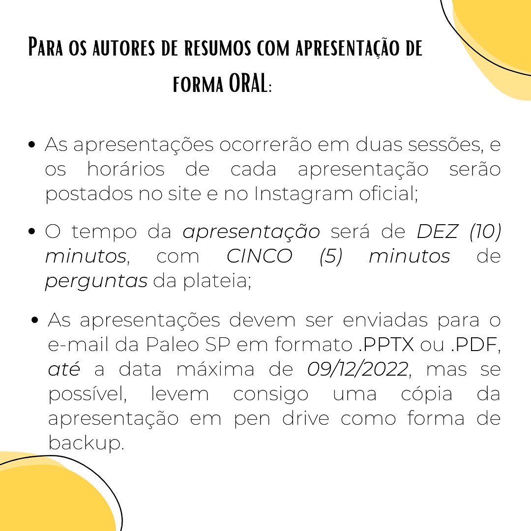 PaleoSP2022's tweet photo. Orientações para as apresentações dos resumos!
Nos próximos dias a comissão científica divulgará a ordem de apresentação e horário de cada participante.
Estamos esperando por vocês!
#paleosp22 #paleosp #usprp #paleontologia #fósseis #ciência #eventossp #rompendofronteiras https://t.co/vGJwLlE1R1