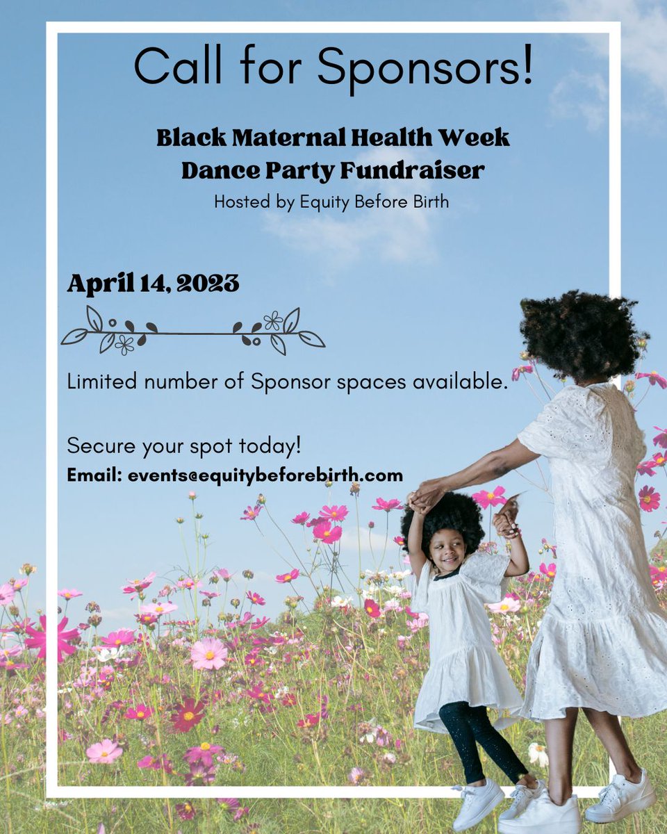 🤰🏿Are you a supporter of Equity Before Birth?
💃 We are seeking Event Sponsors for our Annual Dance Party for Black Maternal Health Week in April!
💻 Email: Events@equitybeforebirth.com to learn more about sponsorship levels

#EquityBeforeBirth #BlackMaternalHealthWeek #BMHW2023