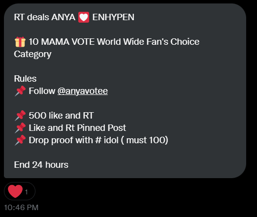 hoonwnz's tweet image. RT deals ANYA 💟 ENHYPEN

🎁 10 MAMA VOTE World Wide Fan's Choice Category

Rules 
📌 Follow @anyavotee
📌 500 like and RT
📌 Like and Rt Pinned Post
📌 Drop proof with # idol ( must 100)

End 24 hours
#ENFuelUp #ENVOOSTERS