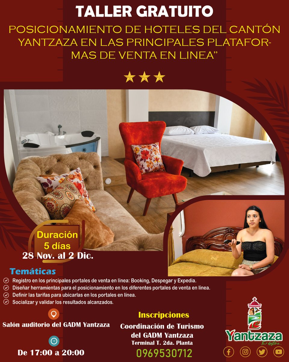Yantzazaturismo's tweet photo. Taller gratuito a todos los prestadores de servicios de alojamiento del cantón.
✔️Inscripciones en la Coordinación de Turismo. 2da. planta de la Terminal T.
✔️ Copia de cédula.
✔️Del 28 de nov. al 2 de dic.
✔️ 17:00 a 20:00
✔️Salón auditorio del GADM Yantzaza.
#YantzazaTuDestino https://t.co/xOOSM5qnBK