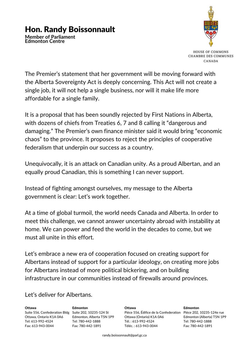R_Boissonnault's tweet photo. See my response to Premier Danielle Smith’s address last night to Albertans 👇 https://t.co/0kT1uDh1Lp