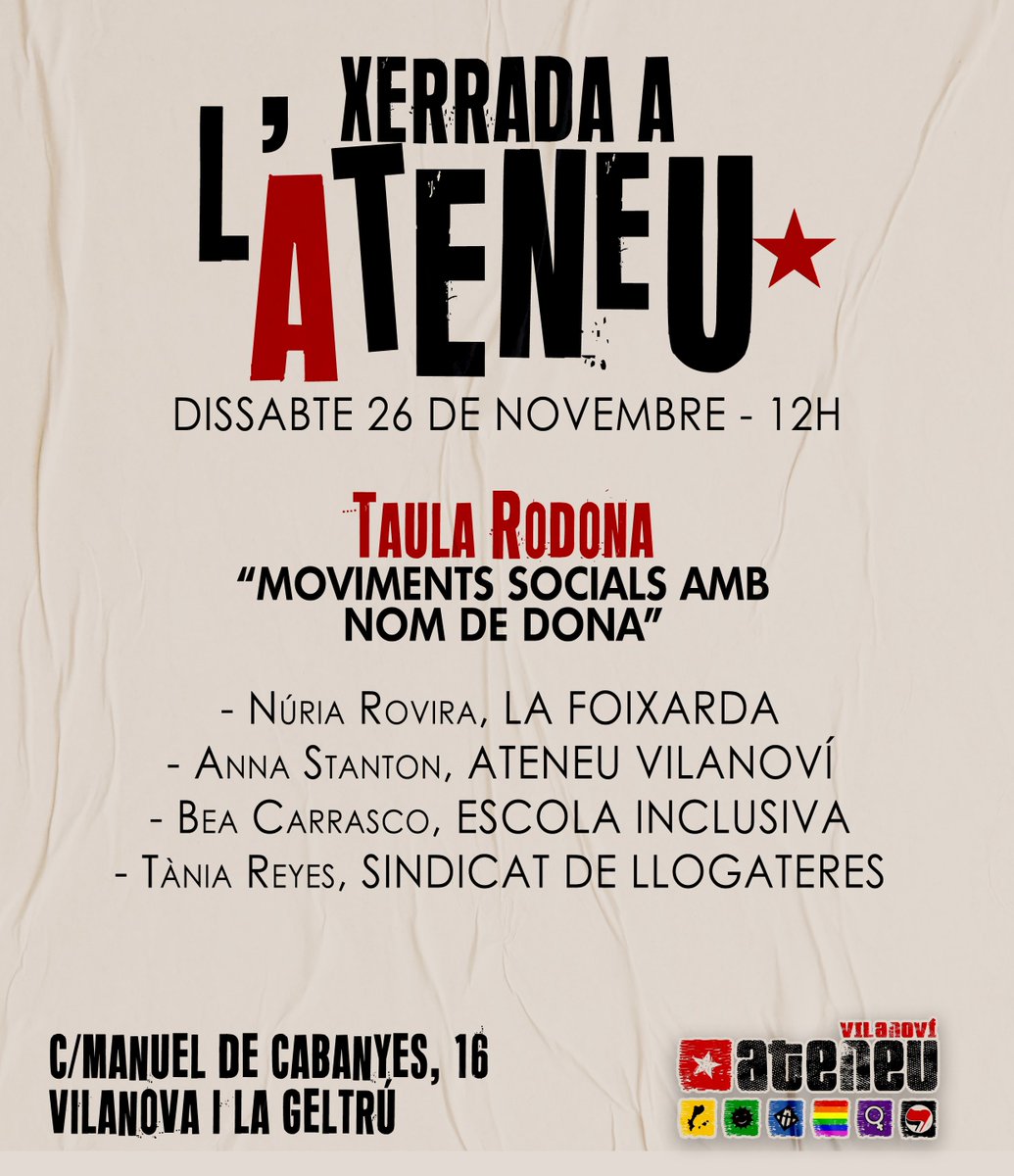 Ateneuvilanovi's tweet photo. 👉Aquest dissabte...
🙆‍♀️12H Taula rodona "Moviments socials amb nom de dona" amb La Foixarda, Escola Inclusiva, @LlogateresVNG i l'Ateneu.

🥤💿13H Vermuteig i punxada de vinils amb COL·LECTIU TONYINA i SELECTORES ARRELADES, amb pintxos i paninis calents per quedar-nos a dinar! https://t.co/xk31lFjBQP