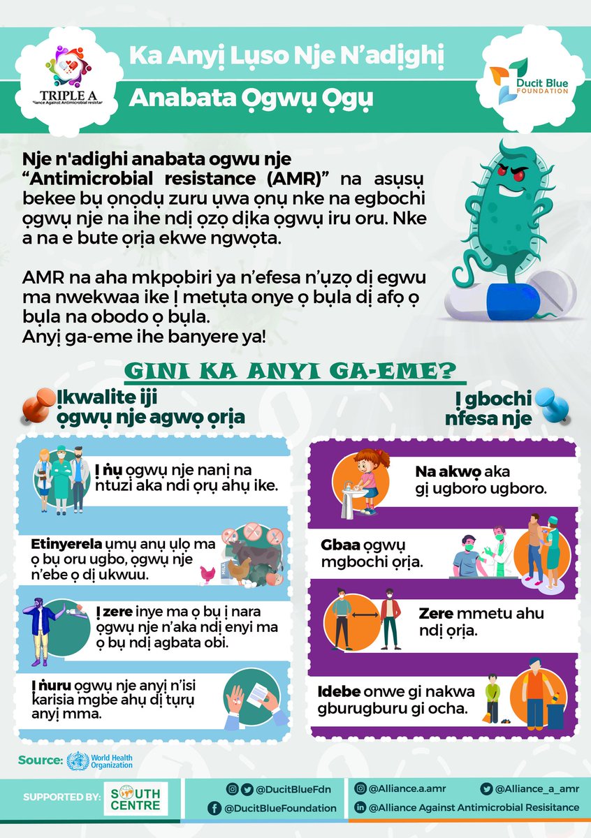 KennethEgwu1's tweet photo. Ihe gbasara Antimicrobial Resistance (AMR) kwesiri idi na-echu anyi ura. Na ihe nkea, okwesiri n' anyi ga amata ihe na ebute AMR. AMR na amalite oge nje bidoro inubuisi nyere ogwu eje azu ya. Otutu ihe na akwalite usoro AMR, dika añuzighi ogwu ka okwesiri, iñwu ogwu aghara aghara https://t.co/NwPRgmy4O2