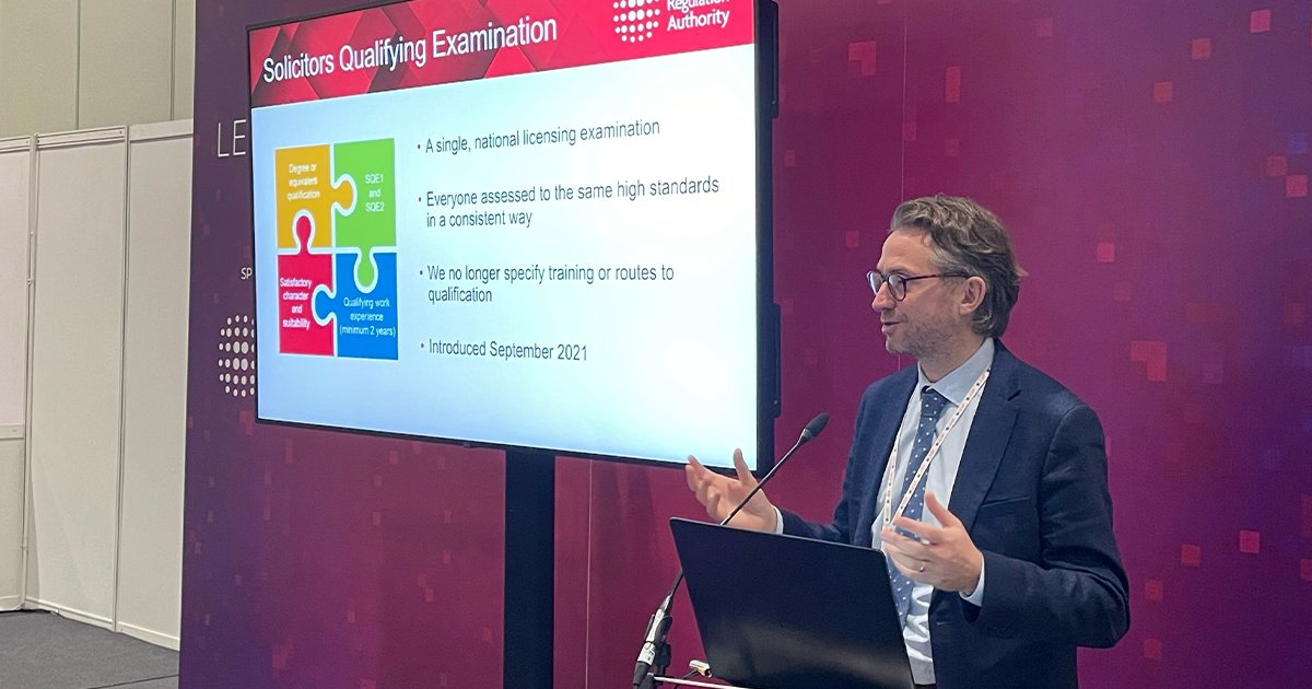sra_solicitors's tweet photo. Richard Williams (@rwilliamsruns) has been updating solicitors at @LegalexShow about qualifying work experience | Find the full details on our website on what it is & what means for employers https://t.co/6iqvKowj3u #Legalex #SQE #QWE https://t.co/qYGoCw7SkA