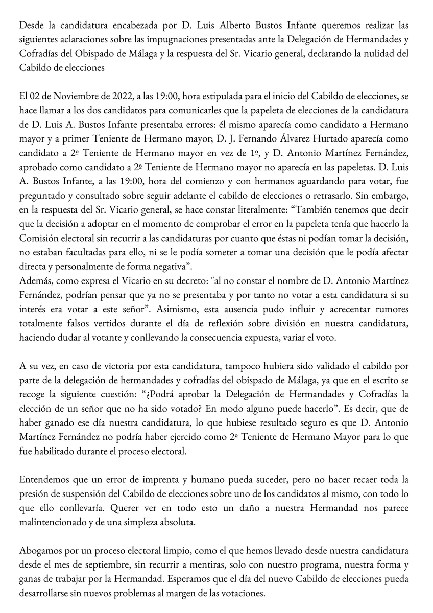 Luisbustos79's tweet photo. A raíz de la resolución del obispado decretando la nulidad del Cabildo de elecciones, desde la candidatura encabezada por D. Luis Alberto Bustos Infante queremos realizar las siguientes aclaraciones: https://t.co/oV6P7vII3z
