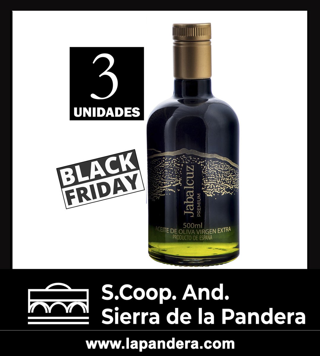 🚨 𝗕𝗟𝗔𝗖𝗞 𝗙𝗥𝗜𝗗𝗔𝗬 🚨
Aprovecha el descuento en nuestro:
 ◾AOVE 🫒JABALCUZ Premium
 ◾AOVE 🫒JABALCUZ Cosecha Temprana 
🔹Comenzamos mañana jueves y lo mantenemos hasta el domingo 27/11/2022.
🌐 lapandera.com
📲 662 40 43 40