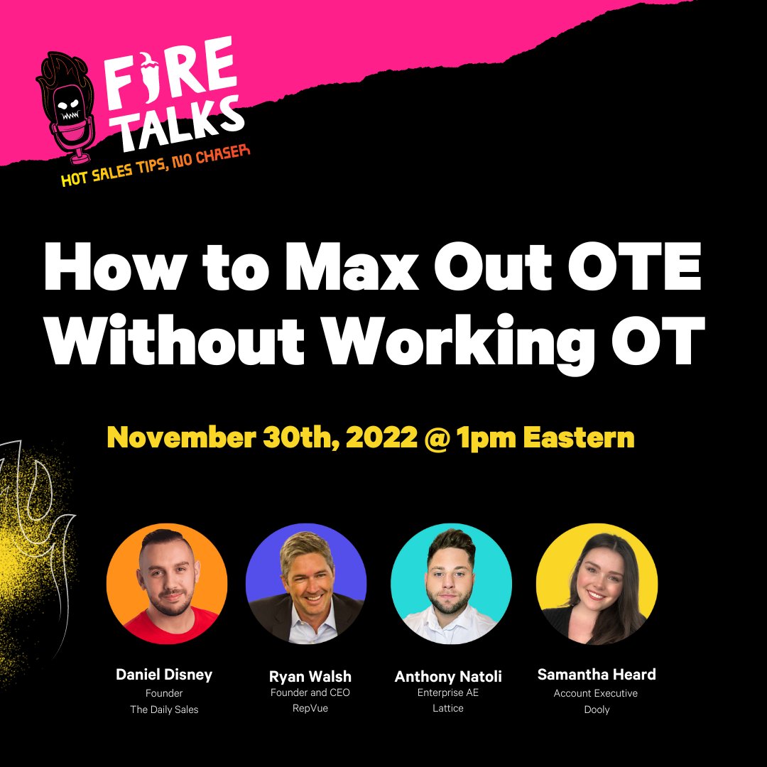 HOT TAKE: Reps shouldn’t have to work 80 hours a week to hit quota. Come see LinkedIn Live FIRE TALKS STYLE, Wed Nov 30th @1pm Eastern. Our studded lineup of sales pros will discuss maxing out OTE, without working OT...while eating some of the hottest sauces in SaaS 🥵 🌶