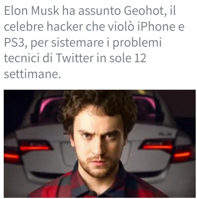 Cupidoge's tweet photo. #ElonMusk hired #Geohot, the famous hacker who hacked iPhone and PS3, to fix Twitter technical problems in just 12 weeks. https://t.co/dTIkbjnpgc