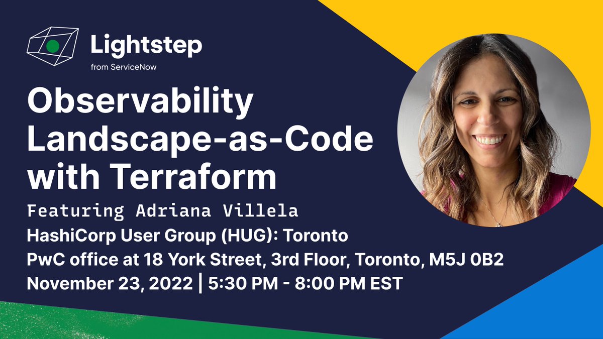 Lightstep is now ServiceNow Cloud Observability (@lightstephq) on Twitter photo 🇨🇦 #TorontoTech: Tonight!! <a href="/adrianamvillela/">Adriana Villela | @adrianamvillela@hachyderm.io</a> will be at The <a href="/HashiCorp/">HashiCorp</a> User Group (HUG!! 🤗) meetup.com/toronto-hashic…
In her talk, Adriana will showcase how her team at Lightstep used #Terraform to demonstrate #Observability-Landscape-as-Code (OLaC) in practice. 🇨🇦 #TorontoTech: Tonight!! <a href="/adrianamvillela/">Adriana Villela | @adrianamvillela@hachyderm.io</a> will be at The <a href="/HashiCorp/">HashiCorp</a> User Group (HUG!! 🤗) meetup.com/toronto-hashic…
In her talk, Adriana will showcase how her team at Lightstep used #Terraform to demonstrate #Observability-Landscape-as-Code (OLaC) in practice.