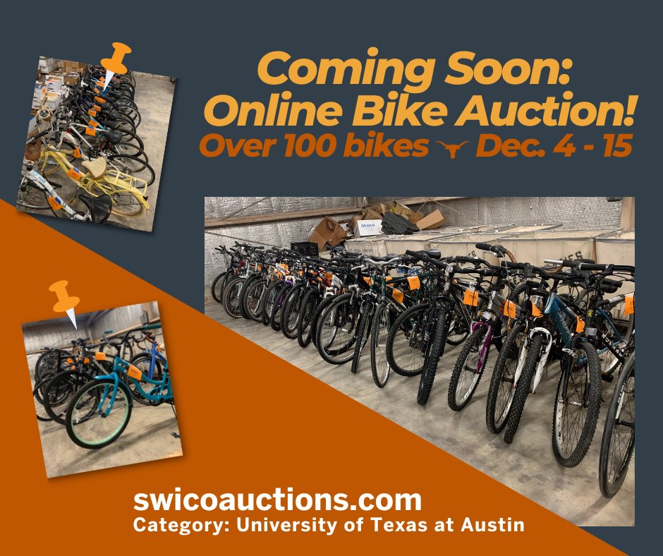 UTSurplus's tweet photo. ❗️Online bike auction coming soon❗️🚴🏾🤘@utaustinparking @bikeut @UTAustin @TexasLonghorns  @TexasExes @TexasConnect2 #HookEm #bikeut #bikeauction https://t.co/nuBu8Uja3O