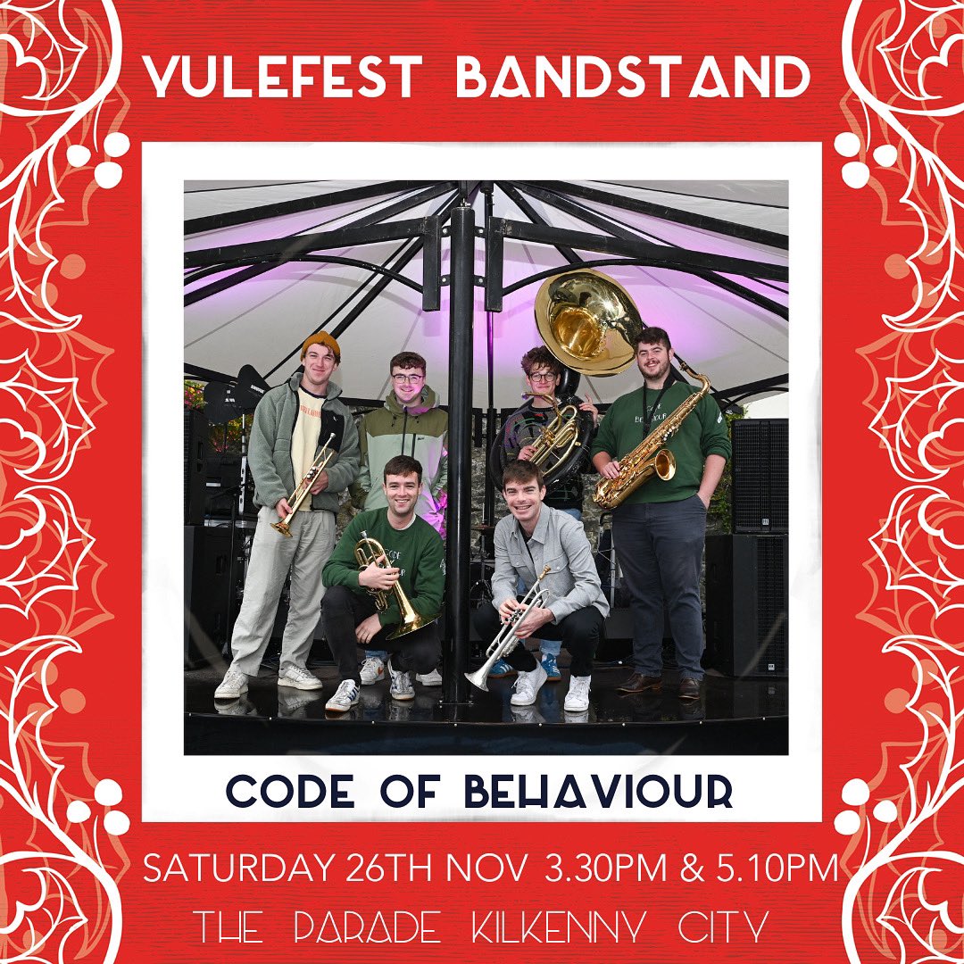 CodeOfBehaviour's tweet image. KILKENNY! 🎄

We’re going to be performing this Saturday, 26 November at the Yulefest Bandstand on the Parade. 

Come on down for some festive fun, and be sure to check out @YulefestK to see what else is happening in the lead up to Christmas!

#MerryCodemas