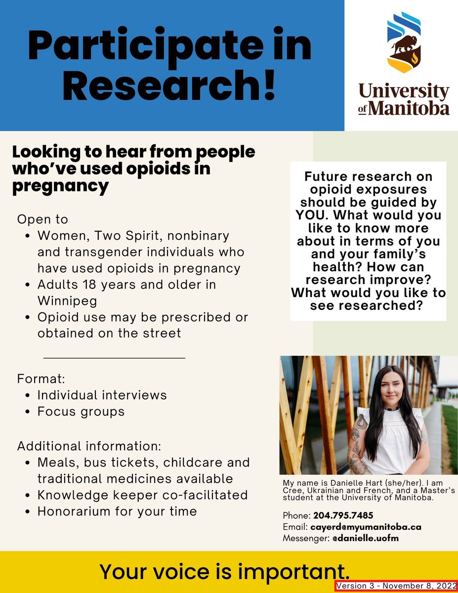 Help us learn from people who have taken #opioids during #pregnancy in Winnipeg. We hope to learn how to design safe research studies locally that answer important questions about pregnant people and their babies.

Contact info below. Participants will be compensated. Please RT!