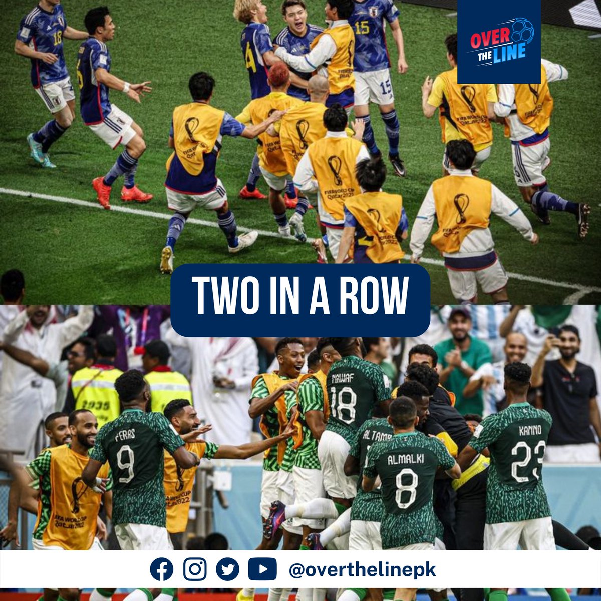 overthelinepk's tweet photo. Two upsets in two days! Japan beats Germany 2-1 to repeat Saudia Arabia`s feat against Argentine. #worldcup2022 #fifaworldcup2022 #qatar #qatar2022 #brazil #argentina #england #france #germany #footballworldcup #messi #ronaldo #overthelinepk #overtheline #footballpakistan https://t.co/31JmMzucW3