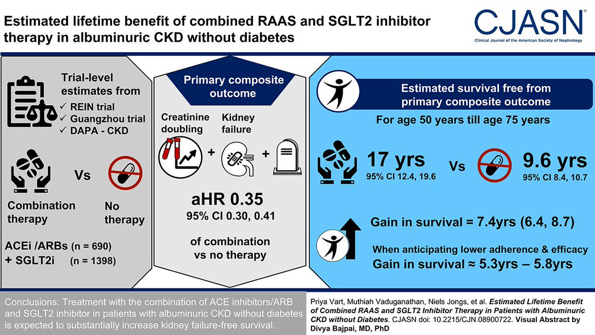 This study expects treatment with the combination of angiotensin-converting enzyme inhibitors/angiotensin receptor blockers and SGLT2 inhibitor in patients with albuminuric CKD without diabetes to substantially increase kidney failure–free survival bit.ly/CJN08900722