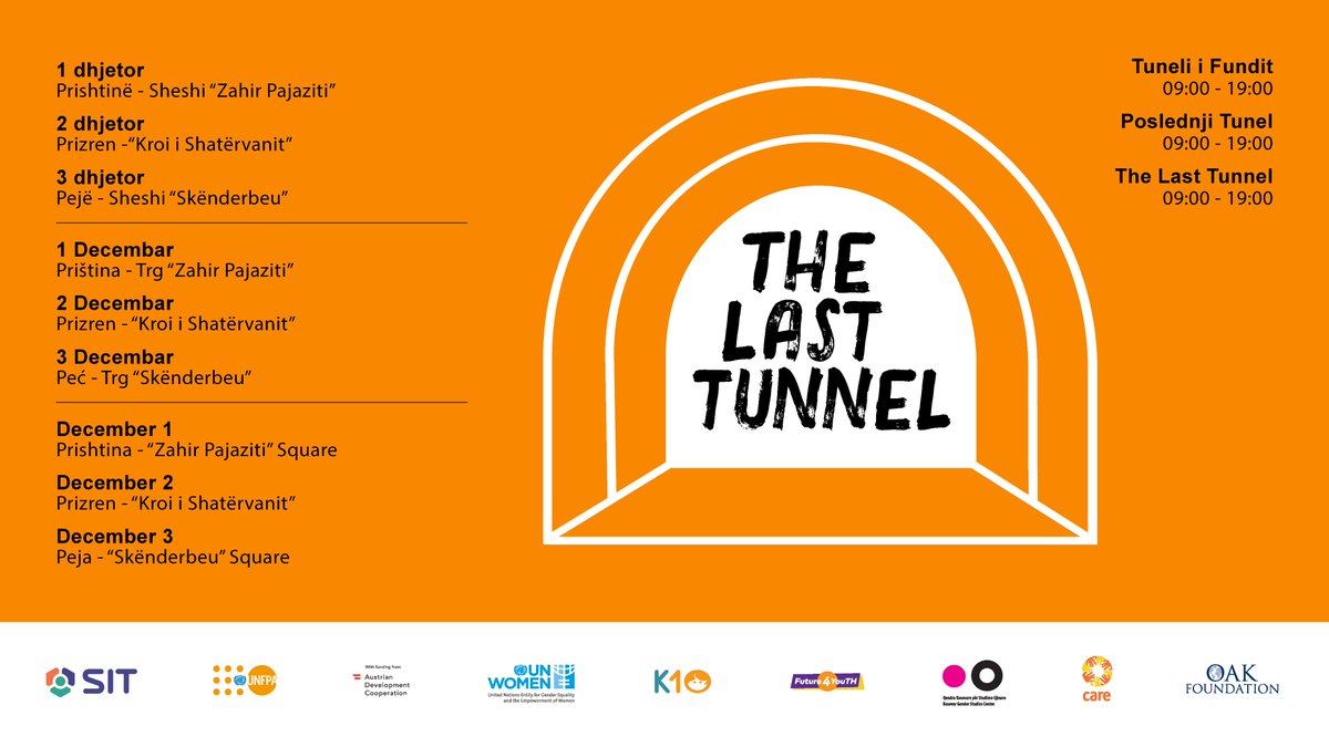 SIT_center's tweet photo. The Last Tunnel | 3rd Edition 

December 1st at “Zahir Pajaziti” Square in Prishtina;
December 2nd at “Kroi i Shatërvanit” in Prizren;
December 3rd at “Skënderbeu” Square in Peja.

Read here: https://t.co/dXsMsBc4P1 

#SITandThink #TheLastTunnel_III #16DaysOfActivism https://t.co/scVauj9W8B