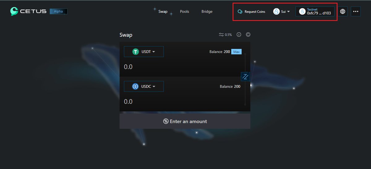 3/7🧵 Claim testnet tokens
✓ Go to app.cetus.zone
✓ Choose Sui chain and Connect Sui Wallet
✓ Click Request tokens and claim $USDT, $USDC, $BTC, $ETH