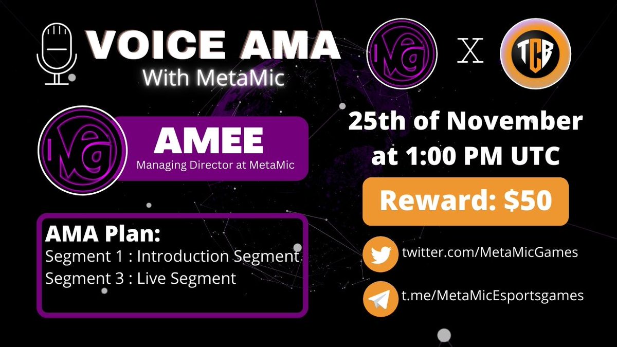 TheCryptoBlade's tweet photo. We are excited to announce our next #AMA with @MetaMicGames on 25th November, 1:00 PM UTC.

🎁Reward: $50 BUSD
🏛️AMA Room: https://t.co/fNxgI1KHoK

Rules:
☑️Follow @TheCryptoBlade &amp; @MetaMicGames
☑️Like &amp; Retweet this Announcement
☑️Ask your questions in live Segment https://t.co/4Uw1avSDHZ