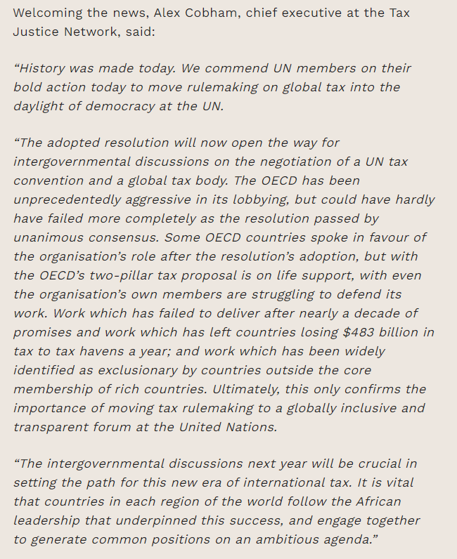TaxJusticeNet's tweet photo. The UN General Assembly has adopted by unanimous consensus a resolution that mandates the UN to set course for a global tax leadership role. 

“History was made today," says our CEO @alexcobham. Read our statement here. https://t.co/OLjP97suyN https://t.co/PMqVe0DmQ8