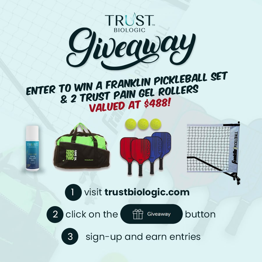 TrustBiologic's tweet photo. Go to https://t.co/mKLBEFaGE8 to join our big Pickleball Set Sweepstakes. $488 msrp includes 2 TRUST Biologic CBD + CBG pain relief gel rollers. #pickleball #pickleballisgreat #dailyexercise #familyfun #keepmoving2keepmoving #sweepstakes #raffle #giveaway #CBD #CBG #painrelief https://t.co/MVGonsw0dT