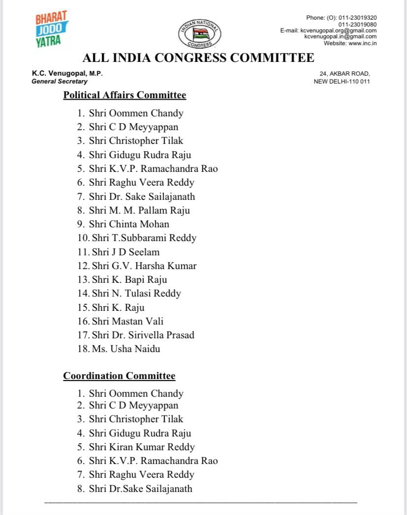 INCSandesh's tweet photo. Hon'ble Congress President has approved the proposal of appointment of President, Working Presidents, Chairpersons of various committees, and the Constitution of Political Affairs Committee and Coordination Committee of the Andhra Pradesh Congress Committee, as follows. https://t.co/O7g4oShZWy