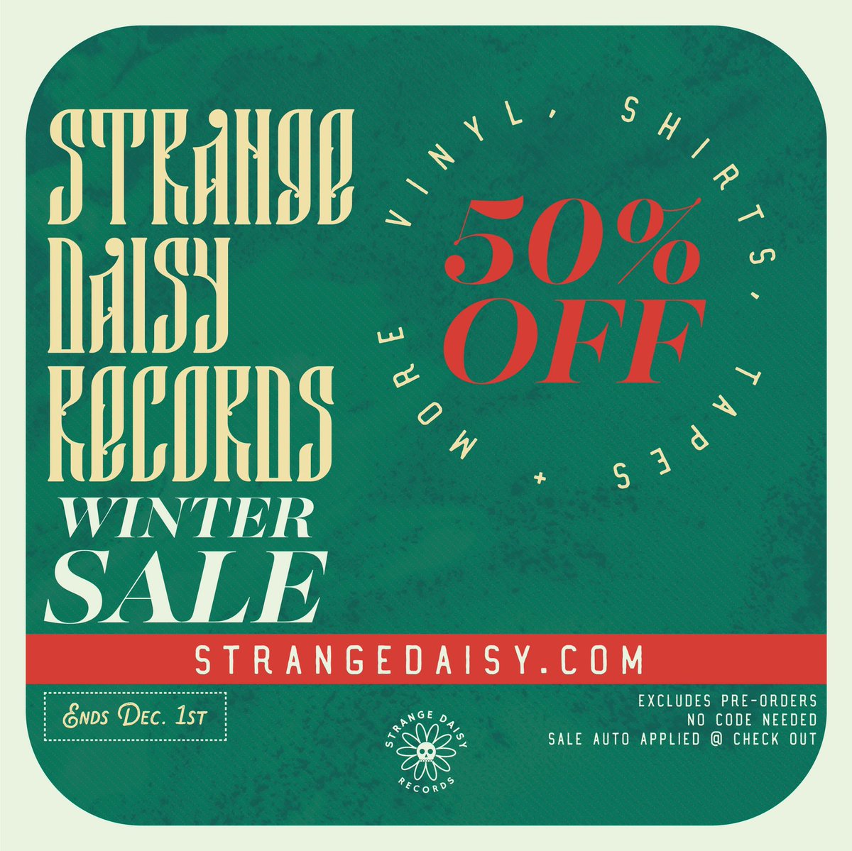 ❄️ Winter Sale ❄️ 
From now until Dec. 1st take 50% off vinyl, shirts, tapes + more in our web store!  

Orders of $50 or more will get a free 2LP vinyl compilation 💋 
 
Only @ strangedaisy.com 

Thanks for supporting independent music!   
🧡🧡🧡🧡