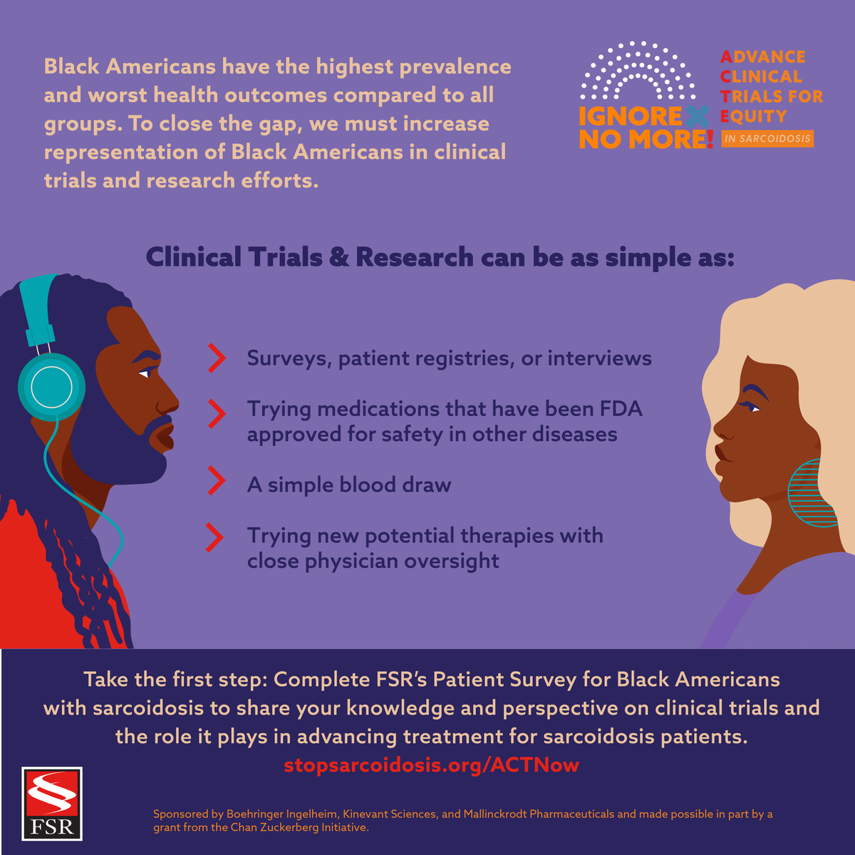 StopSarcoidosis's tweet photo. To close the gap, we must increase representation of #BlackAmericans in #clinicaltrials &amp; #research. The time to ACTe is Now! Learn about your options &amp; how you can help improve care for #sarcoidosis patients. Step 1: Take the survey: https://t.co/zsAax7zl6U
#IgnoreNoMoreACTNow https://t.co/Y8nsB652aI