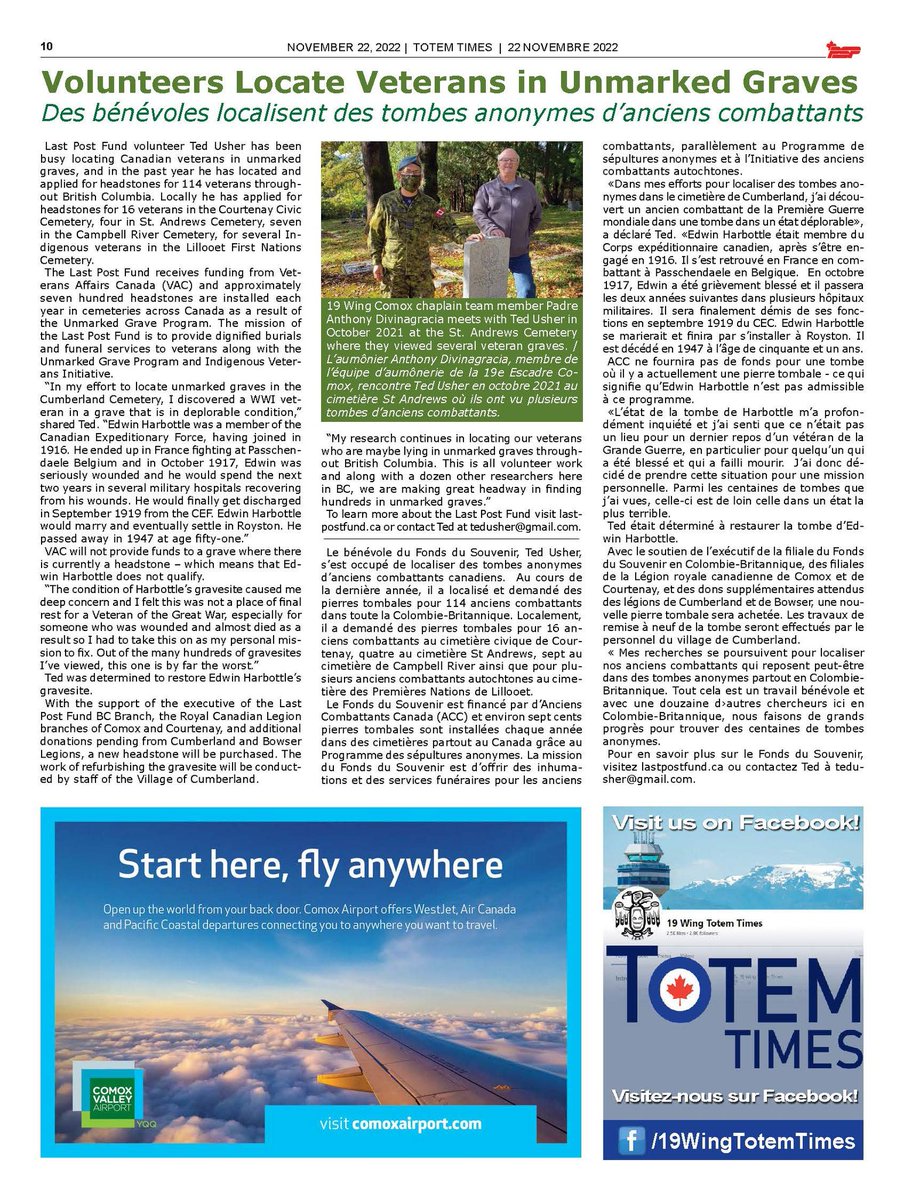 LastPostFund's tweet image. Le Fond du Souvenir est heureux de partager cet article du journal 19 Wing Totem avec Ted Usher, sur le programme des tombes non marquées. (En anglais)

Credit : 19 Wing Totem Times