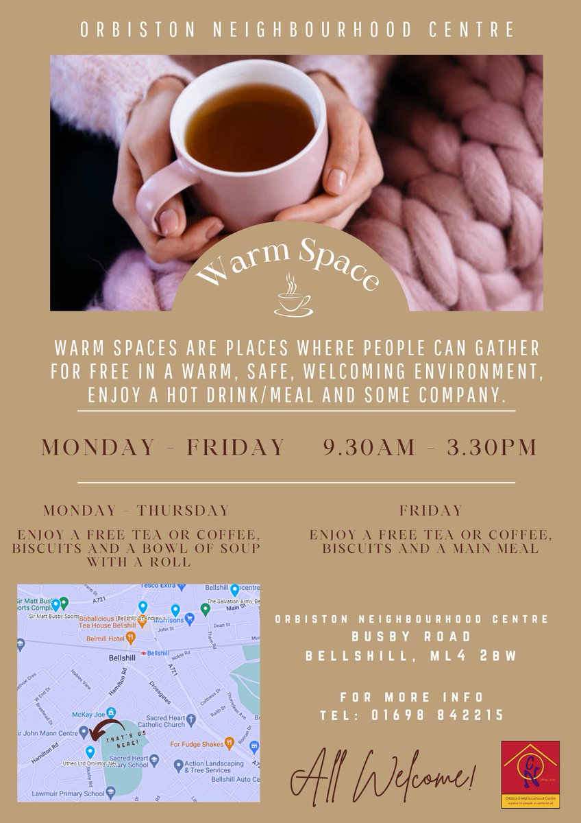 Warm spaces are places where people can gather for free in a warm, safe, welcoming environment. Enjoy a hot drink/meal and some company. All welcome at the Orbiston Neighbourhood Centre.