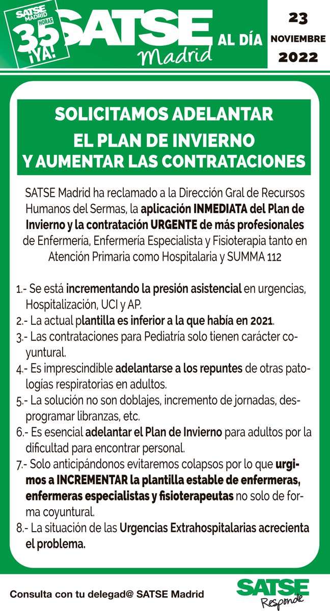 El Plan de Invierno debe aplicarse cuanto antes debido a la alta presión asistencial. Hay que contratar más profesionales ya y adelantarse al incremento estacional de patologías respiratorias en adultos.
📢📢📢 ¡Actuemos antes de que sea tarde!