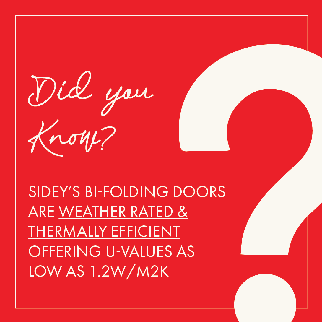 sideysolutions's tweet photo. Did You Knowβ
Sidey's Bi-Folding doors are Weather Rated & Thermally Efficient offering U-Values as low as 1.2W/m2k.
#NewBuild #Developers #EnergyEfficiency #CarbonNeutral #NetZero #Windows #Doors #LivingSpaces #FenestrationSolutions #Offsite https://t.co/D6rOwz68qj