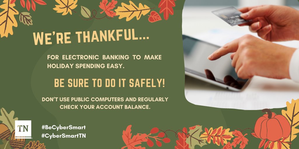 TNDeptFI's tweet photo. Today’s technology has made banking and shopping easier. Protect yourself. Avoid public computers or WIFI when accessing online banking services or shopping. Public computers may have a variety of spyware that record every keystroke. #becybersmart #CyberSmartTn https://t.co/aLJrfAPIc0