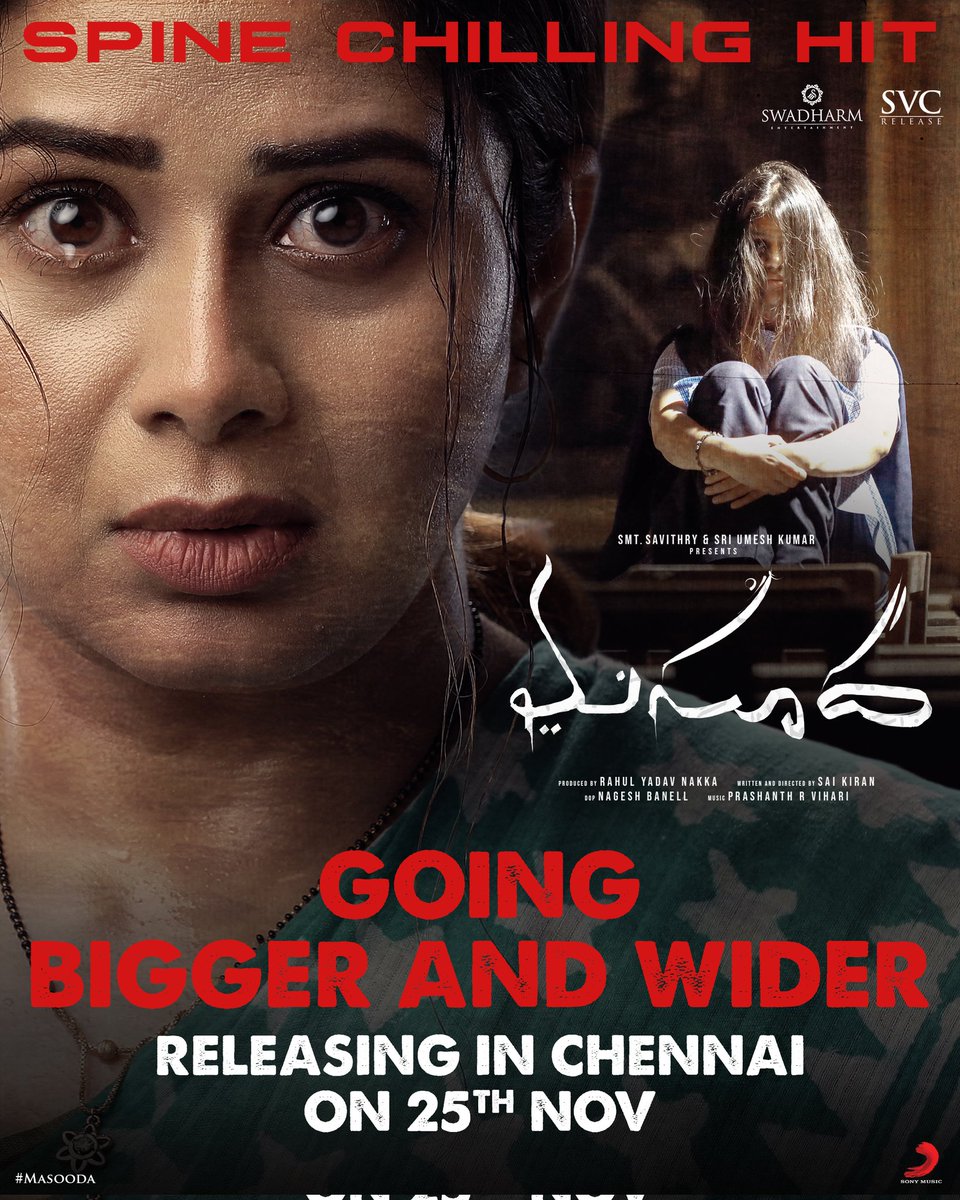 #Masooda is expanding its wings far and wide. 
Theatrical Release in Chennai on Nov 25th🔥

Book tickets now!
-bookmy.show/Masooda

#SaiKiran @IamThiruveeR <a href="/KavyaKalyanram/">KavyaKalyanram</a> <a href="/sangithakrish/">sangithakrish</a> @Bandhavisri <a href="/prashanthvihari/">Prashanth R Vihari</a> <a href="/RahulYadavNakka/">Rahul Yadav Nakka</a> @SVC_Official