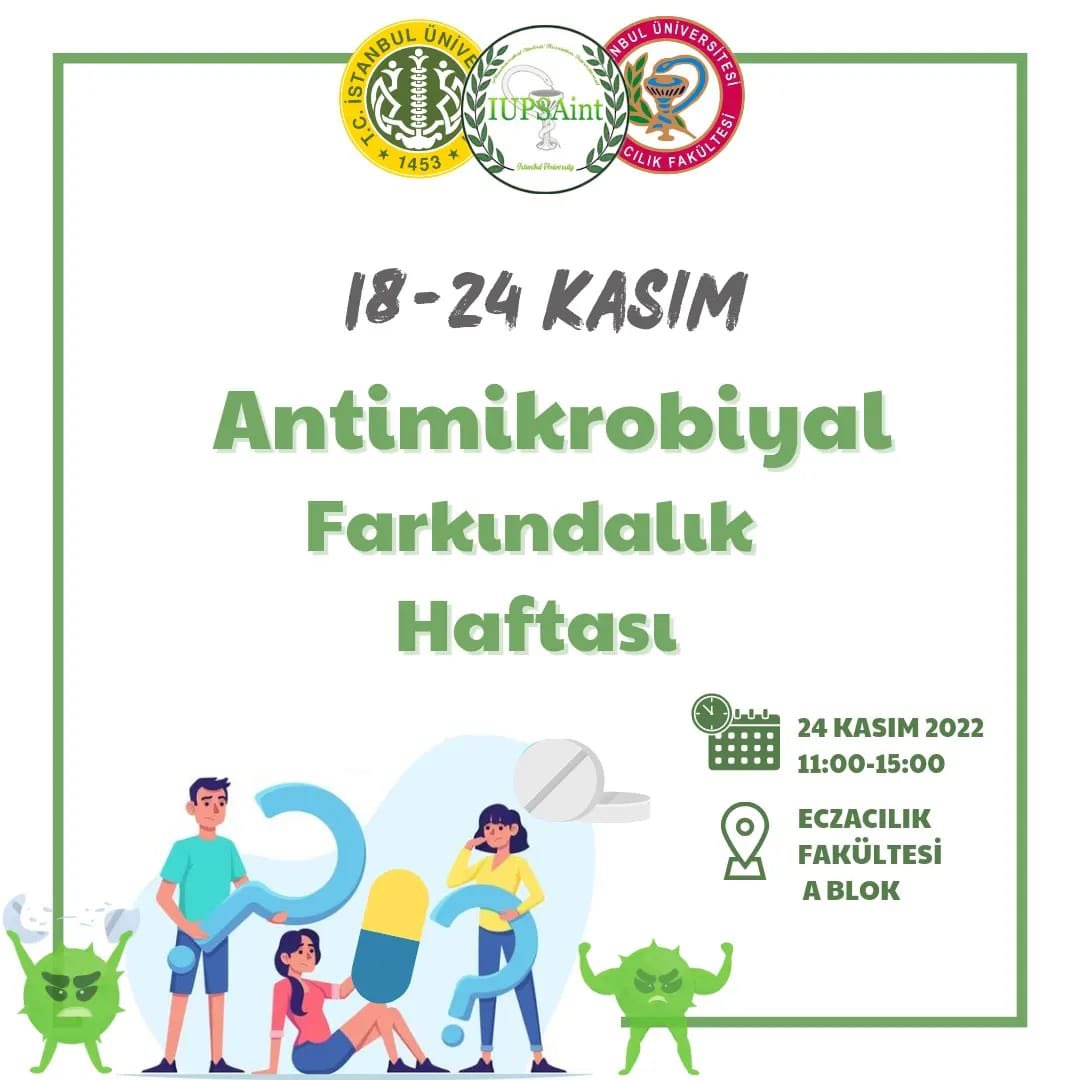 IUPSAint's tweet photo. IUPSAint ailesi olarak 24 Kasım saat 11.00-15.00 arası düzenleyeceğimiz Antimikrobiyal Farkındalık Haftası etkinliğine davetlisiniz!🤍🐢✨
IUPSAint family invites you to the Antimicrobial Awareness Week event that will take place on 24th November between 11.00-15.00!🤍🐢✨ https://t.co/Gfss46KWUa