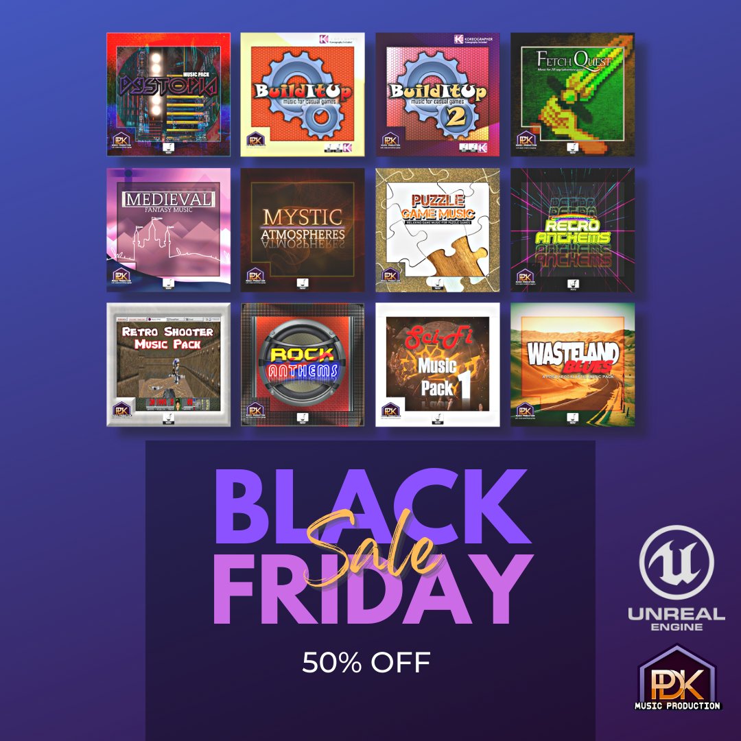 Black Friday sale is on! Unreal and itch.io marketplaces. Grab some cool music for your game.
#gamedev #indiedev #sale #pdkmusic #UnrealEngine #Itchio