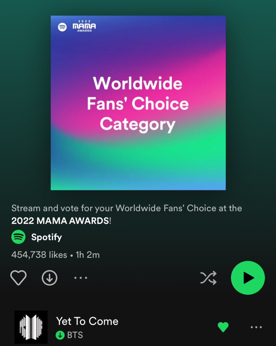 Please do have some time to stream 'YET TO COME' on MAMA Playlist. It contains 30% of the criteria so we need to keep this on top. 👋🏻 🎵: (open.spotify.com/playlist/37i9d…)