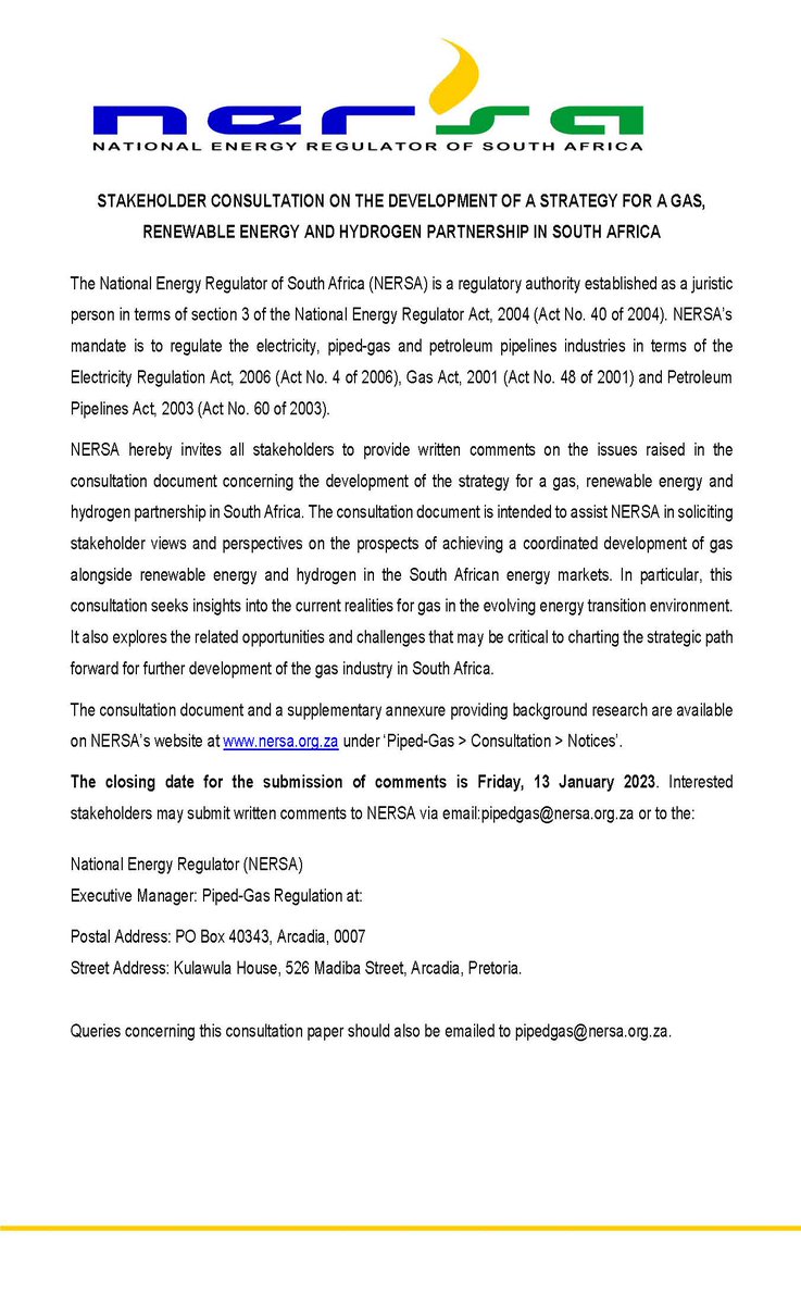 Invitation to comment –  consultation document on the development of a strategy for a gas, renewable energy and hydrogen partnership in South Africa.