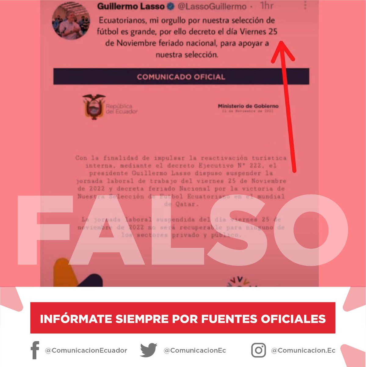 SegcomV's tweet image. FALSO | Circula en redes sociales información falsa respecto a un decreto que declara feriado nacional. Aclaramos que la jornada del viernes 25 de noviembre se mantiene con normalidad. Solicitamos a la ciudadanía informarse por medio de canales oficiales.