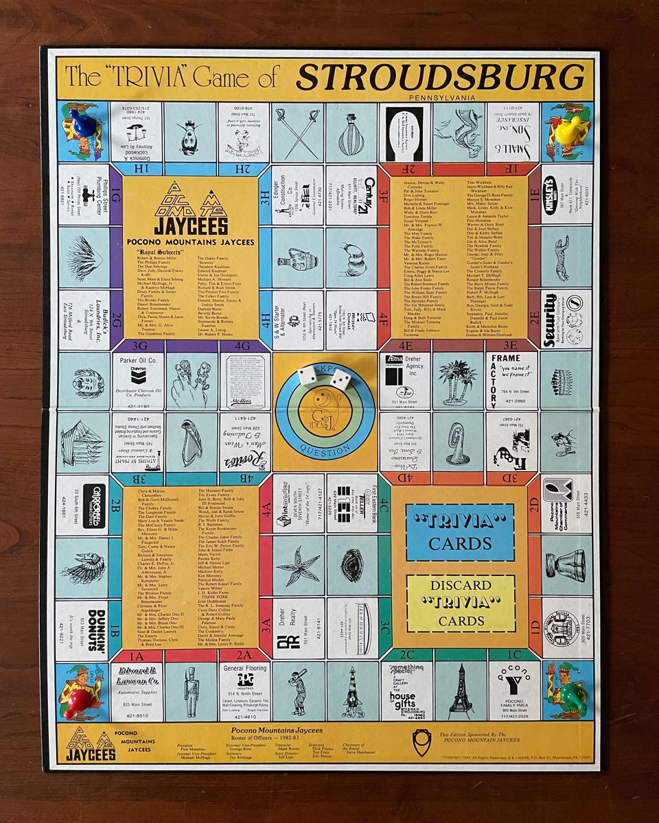 MonroeHistoryPA's tweet photo. With family and friends gathered for the holiday weekend, it's a great time to celebrate #GameAndPuzzleWeek with a little friendly competition. So break out the board games, like The Trivia Game of Stroudsburg, created in 1984 by the Pocono Mountains Jaycees. #MonroeHistoryPA https://t.co/oS4ncXbCH7