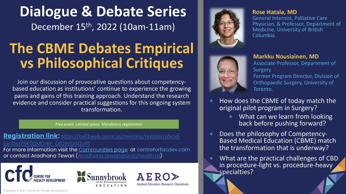 Hi #MedEd folks - given the renewed debate on Canadian #CBME / @Royal_College, why not hear from key experts? Come for evidence-based & philosophical critiques of CBME by Dr. Rose Hatala (@ubcMedCHES) and Dr. Markku Nousiainen (@Sunnybrook) @UofT_DoM @CQuIPS @ADetsky @sginsburg1