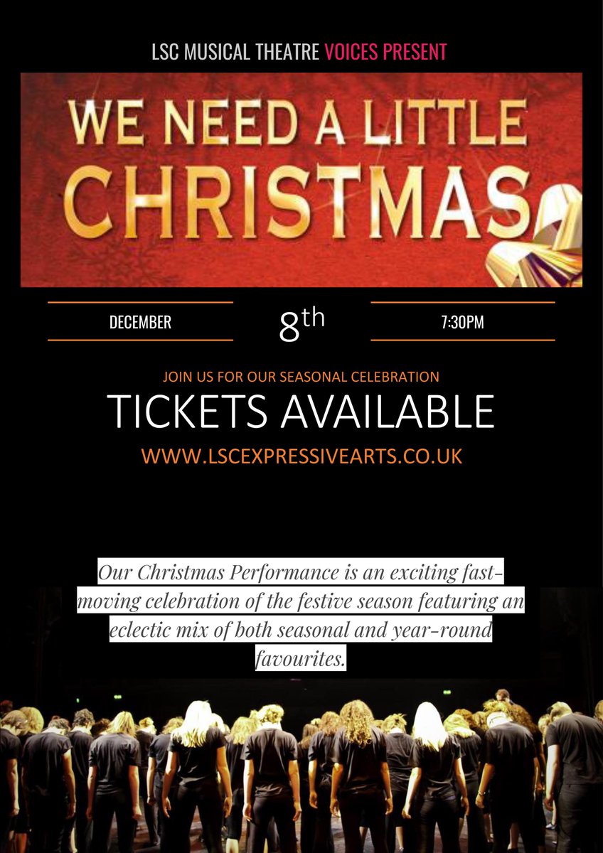 WE NEED A LITTLE CHRISTMAS

Our Christmas Performance this year, featuring songs, dance numbers and iconic scenes from our fantastic enrichment group MT Voices. Join us by the warm fire, with a cup of hot chocolate and enjoy the show!

Tickets available at lscexpressivearts.co.uk