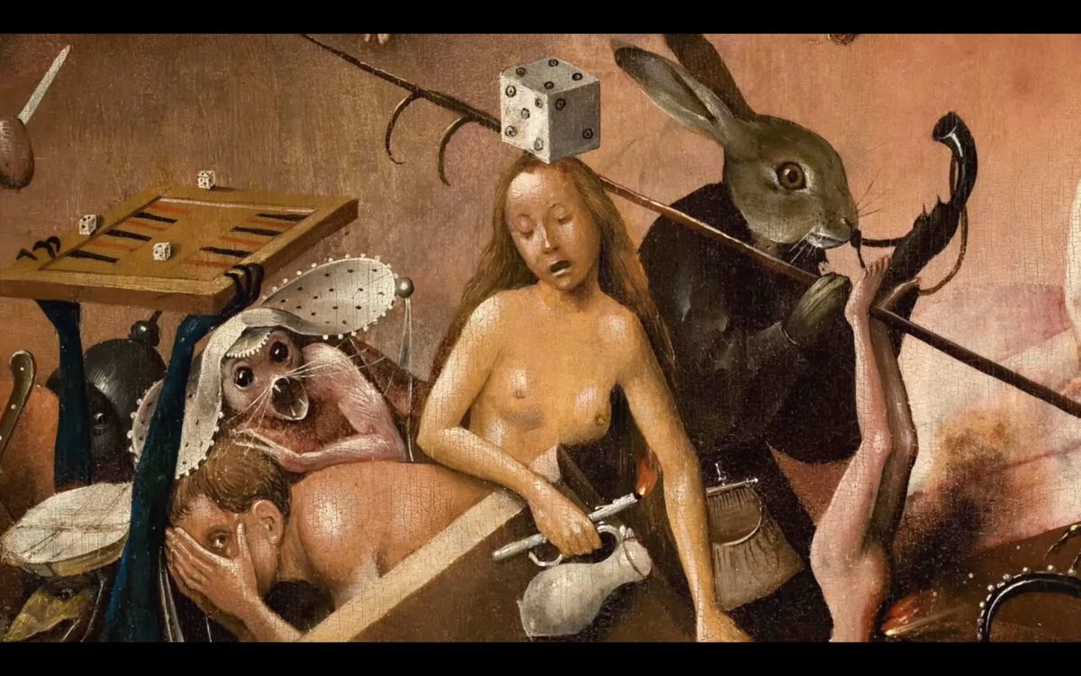 If you have a spare few hours, ponder #Bosch's 'Garden of Earthly Delights.' Naturally his #sexworker ends up in hell, enticing men with her candle  - the unmissable vagina dentata on one side and Mr Rabbit [with his open purse...] on the other. More dice than vice. #art