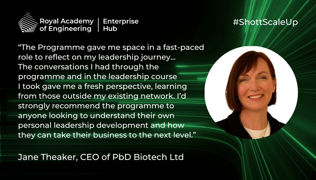 Jane Theaker wanted to enhance her leadership skills so that could grow @PBDBiotech. She joined the #ShottScaleUp Accelerator to get access to range of support, including leadership training, mentoring and more - all for free. Apply by 28 November: enterprisehub.raeng.org.uk/shott-scale-up…