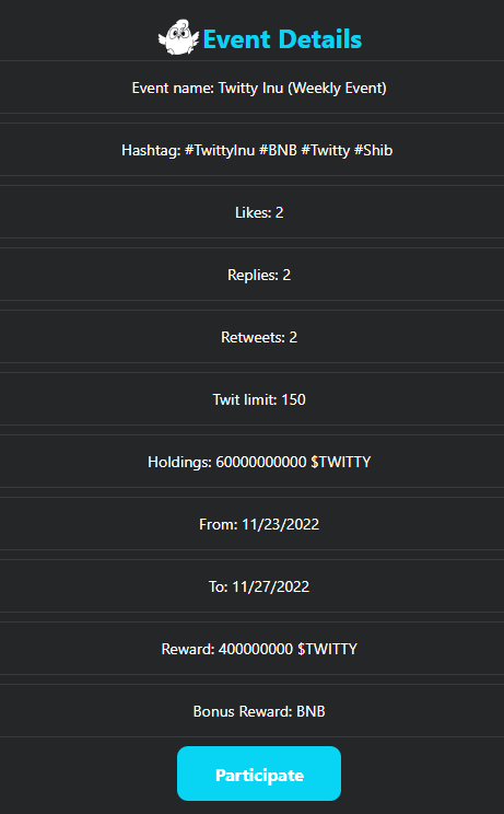 twittyinu's tweet photo. 🔥🟢 Twitty Inu first event has been created. Follow the instructions and top 5 participants will win 0.1 BNB each. 

Reminder: Make sure you added the correct hashtags in your tweets/replies to make it valid. 

Link to event: https://t.co/08PGlngZFX

#TwittyInu #Twitty https://t.co/T2hzFwn6Zh