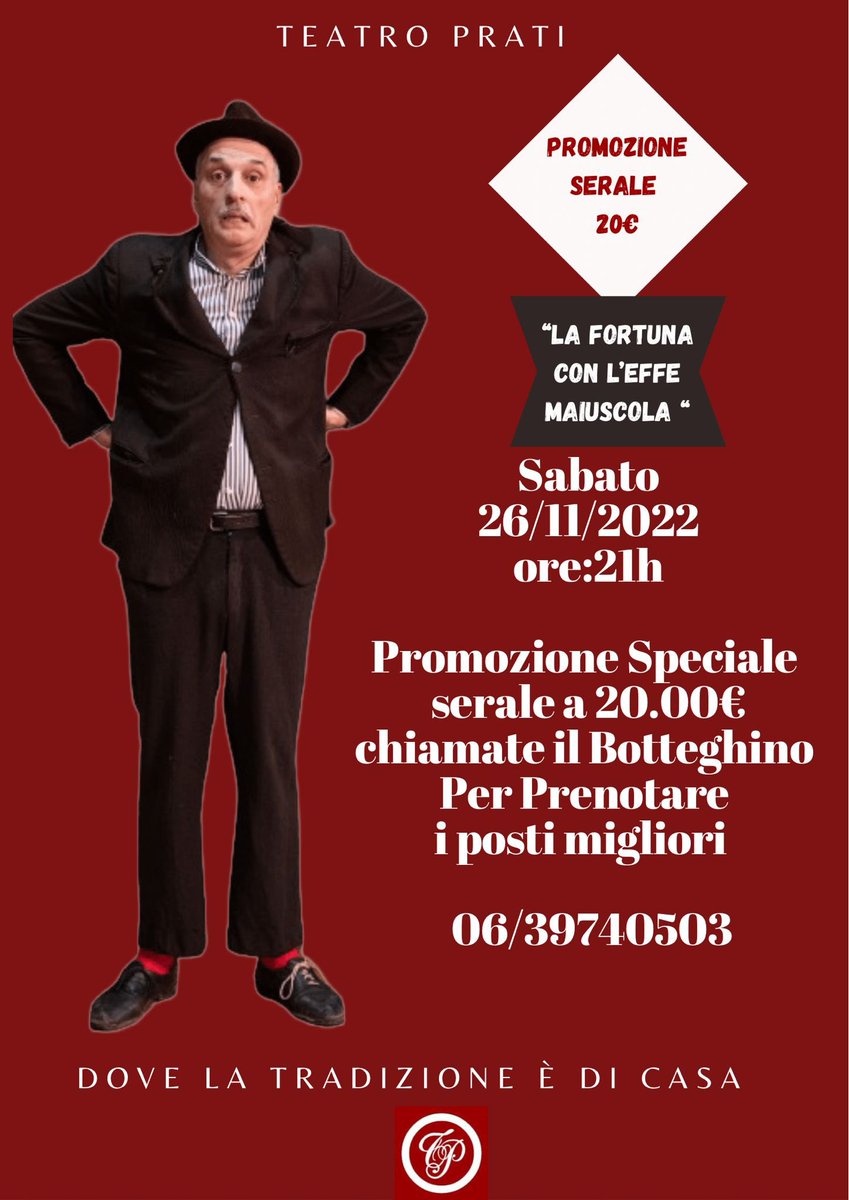 Sabato Sera 
Vi portiamo a Teatro 🎭 
————————————-
“La Fortuna con l’effe maiuscola”
Commedia di Eduardo De Filippo e Armando Curcio 
Regia di Fabio Gravina 
🕘ore:21h

🎟️Biglietto unico:20€
📞Chiama il botteghino tel:06.39740503
  #teatro #theatre