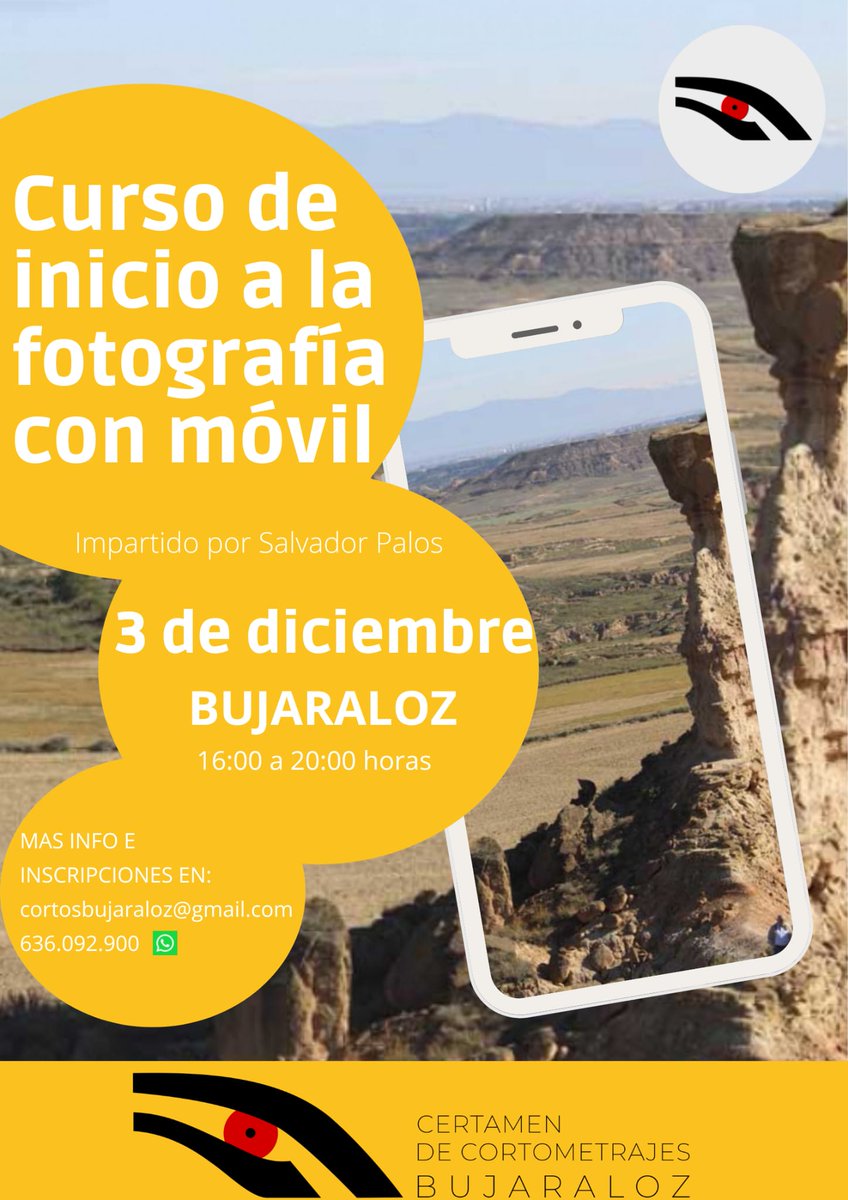 📸 El 3 de diciembre Curso de inicio a la fotografía  con 📲.  Impartido por Salvador Palos. Necesario inscribirse previamente, puedes mandar un email a cortosbujaraloz@gmail.com  o un wasap al 636 092 900.